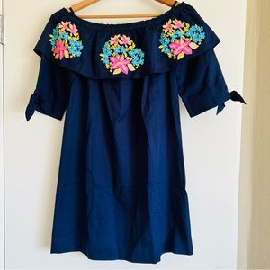 Lilly Pulitzer Embroidered Vanessa Dress Off Shoulder Shift True Navy Size: S